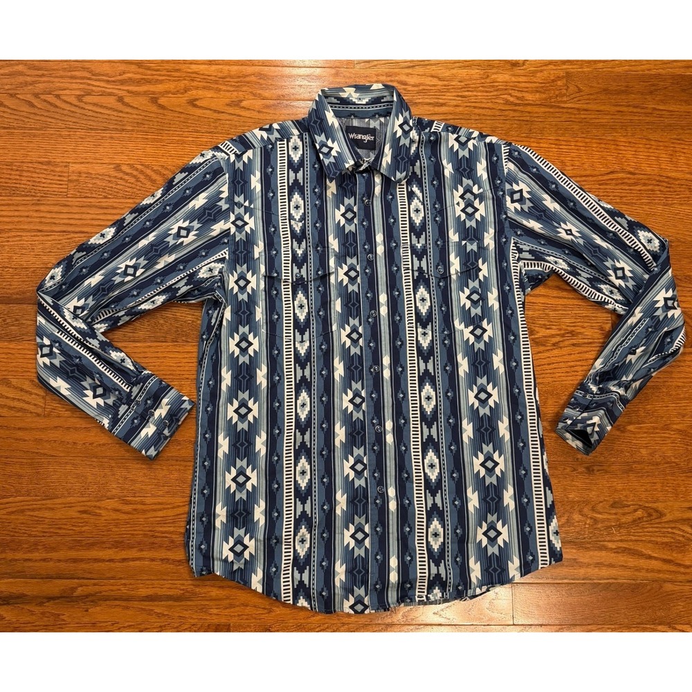 Wrangler Western Pearl Snap Button Down Shirt Mens Medium Blue Aztec Geometric